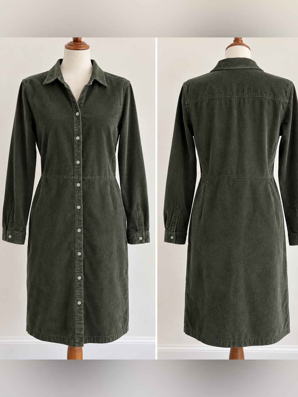 J.Jill Corduroy Button Front Shirt Dress Dark Olive Green Large Fall